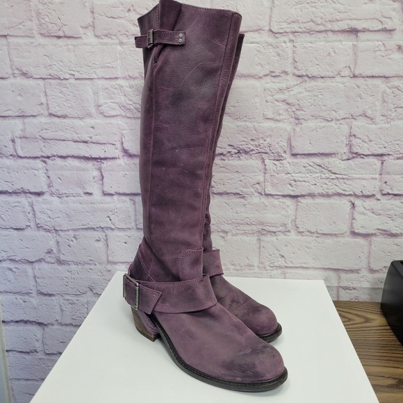 John Fluevog Luna Purple Leather Buckled Tall Boots Women 6 Moto Goth Equestrian